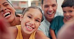 Funny, family and parents with children, selfie and happiness with joy, quality time and bonding. Face, mother and father with kids, siblings and loving together with social media, laughing and home