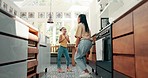 Freedom, kitchen and mom dancing with her daughter for bonding, having fun and spending time together. Happy, goofy and young mother singing and doing dance to music with her girl kid at family home.