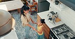 Top view, mother and girl dancing, home and celebration with happiness, quality time and loving together. Family, happy mama and daughter with joy, dance and smile with mom, female child and music