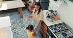 Mother, child and happy dance in kitchen with energy, fun and bonding for quality time together from above. Mom, young girl kid and singing in home for celebration, dancing and excited for music