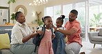 Morning, talking and a black family ready for school, preparation and helping with bags. Happy, care and children with help from an African mother and father for kindergarten in a home living room