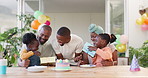 Birthday, present and black family celebrate with children with love, care and surprise. African woman, men and happy kids together at home for a gift, quality time and fun at a party with cake