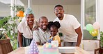 Face, birthday party and black family with celebration, happiness and excited with joy, event and cheerful. Portrait, mother and father with girl, female child and kid with social gathering and smile