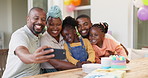 Black family, selfie and birthday of children with parents to celebrate with cake and a smile.  African woman, men and happy kids at home for a picture, quality time and bonding or fun at a party