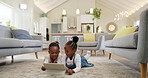 Black girl children on ground with tablet and relax, elearning or watch cartoon movie, sisters at home and screen time. Young female kids, streaming online and subscription to education app or film