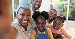 Black family, selfie and a smile of parents and children together for bonding, love and care. Face of an African woman, man and happy kids at home for a picture, quality time and bonding or fun