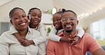 Black family, face and happy with parents and children at home, love and bonding with hug and spending time together. Man, woman and girl kids, happiness and portrait and people smile in living room