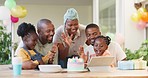 Video call, birthday party and children, family or parents on tablet, live streaming or online celebration. African people, mother and father with kids, wave hello and social, virtual or digital talk