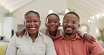 Black family, face and happy with parents and kid at home, love and bonding with hug and spending time together. Man, woman and girl child, happiness and portrait and people smile in living room