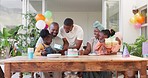 Black family, birthday and present for children together for bonding, love and celebration. African woman, men and happy kids at home for a gift, quality time and bonding or fun at a party with cake