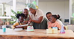 Birthday party, cake and family, children and parents for eating, celebration and kids at home. African people, mother and dad, kids or girl with dessert or holiday food in backyard or outdoor patio