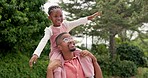 Happy father, kid and piggyback outdoor at park, garden and care for child with energy. Black man carry excited girl on shoulders for flying, airplane game or in nature for love, freedom or support