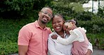 Hug, smile and face of a black family in a garden for bonding, care and love together. Happy, nature and portrait of an African mother, father and child with affection and laughing in a backyard