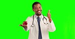 Doctor, apple and portrait with thumbs up and green screen with ok sign for health and wellness. Black man, healthy fruit and emoji hand sign with a smile and ok gesture for healthcare feeling happy