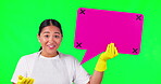 Asian woman, cleaner and speech bubble in surprise on green screen for social media against a studio background. Portrait of female person or maid with icon for FAQ, chat or comment on mockup space