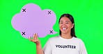 Green screen, speech bubble and happy woman volunteer in studio with tracking markers mockup background. Space, poster and asian lady with social media, news or how to, contact or volunteering promo
