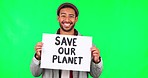Man, face and protest with billboard by green screen, justice and sustainability in promo in mock up for planet. Young Asian guy, student and volunteer with paper, sign and poster for climate change