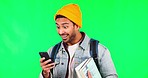 Phone, winner and student or man on green screen for university, education and learning success or study results. Mobile, news and excited college person with wow and opportunity on studio background