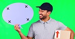 Asian man, box and speech bubble on green screen for delivery service against a studio background. Portrait of male person or courier guy shape in FAQ, quote or social media for logistics on mockup