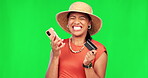 Green screen, phone or excited woman with credit card winning money in digital fintech investment. Financial mobile app, payment success or happy girl in celebration of winning lottery or loan deal