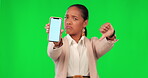 Green screen phone, thumbs down and woman face with business fail, no opinion vote or bad feedback news. Mockup smartphone, chroma key portrait and corporate person disagreement on studio background