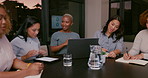 Strategy, teamwork or business people on laptop at night writing for research, networking or startup data analysis. Diversity women for analytics, SEO creative idea or planning social media schedule 