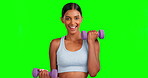 Green screen, face or happy woman with dumbbells for exercise, fitness or workout in a class, dynamic training or aerobics. Portrait, smile or sports athlete with weights in isolated dance mockup