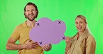 Mockup, speech bubble and laugh with couple on green screen for social media, news and communication. Feedback, contact and funny with man and woman on studio background for comic on tracking markers