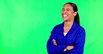 Happy, laugh and woman face in green screen studio with arms crossed, silly and joke on mockup background. Smile, funny and portrait of proud female plumber with goofy humor, reaction and confidence