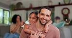 Face, family and father with girl child hug hug on a sofa happy, bonding and having fun in their home. Portrait, smile and parent with kid in a living room with love, care and sweet relationship