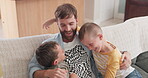 Happy, playful and relax with father and children on sofa for bonding, affectionate and free time. Happiness, funny and care with man and kids in living room of family home for embrace and love