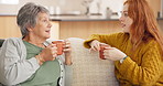 Communication, mother with her daughter speaking and on couch in living room of their home. Networking or discussion , bonding time with coffee or talking and people have a conversation on sofa.