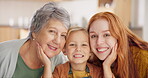 Generations, portrait of happy family and in living room of their home together for care. Support or bonding time, happiness or positivity and cheerful people smile for health wellness indoors