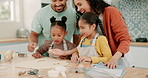 Love, happy family baking in kitchen and food in their home together for bakery learning. Care or support, collaboration or teamwork and parents with their children prepare meal with development