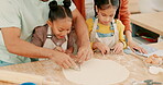 Girls, family and dough cutter for cooking, learning and having fun together while bonding. Kitchen, flour cutout and parents with happy children, mother and father for education, baking and food.