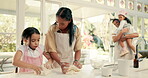 Baking, dough and a woman teaching her daughter about cooking in the kitchen of their home together. Pastry, children or family with a young girl learning about from from her mother in the house