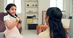 Care, love and mother playing with child in a home and prepare or ready for back to school in the morning. Mum, daughter and parent bonding together with kid for education as routine to leave house