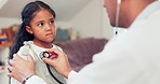 Breathing, doctor and girl in a consultation, kid and healthcare issue with cardiology, results and diagnosis. Consulting, female child and medical professional with a checkup, career and stethoscope