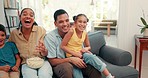 Happiness, parents and kids watching tv, laughing at comedy and quality time together in living room. Mom, dad and children with funny movies, bonding and happy family on sofa with television show.