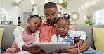 Internet, man with children and with tablet in living room of their home for social media. Technology or family, support or bonding time and black man with his kids together streaming a movie