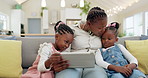 Happy, mother with her child and tablet on sofa in living room of their home together. Technology or connectivity, happiness or kissing and black family on couch streaming a movie in their house