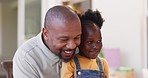 Mature African father, girl child and sitting together with care, love and bond with talk, love and smile in family home. Happy black man, kid and embrace with conversation, chat and relax on holiday