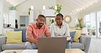 Finance, documents and couple with laptop on sofa with bills, paperwork and insurance budget. Financial planning, mortgage and black man and woman on computer for pension, tax payment or investment