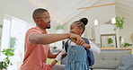 Black family, education and girl with backpack for school, kindergarten and high five from dad for support and motivation. Child, student and father helping to get ready and leave house in morning