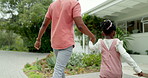 Dad, girl walking and holding hands together at front door, house and coming home from the backyard, garden or back entrance. Black man, child and return from holiday,  weekend or walk on path