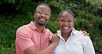 Love, face or happy black couple with bond, joy or romance enjoying quality time together in park outdoors. Portrait, eye contact or African man with black woman, smile or support on date in marriage