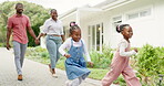 Black family, happy and children running and excited for the weekend leaving their home or house for bonding. Love, people and parents walking with kids playing outdoor a property or real estate