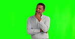 Confused, black man and thinking of ideas on green screen, chroma key and vision on mockup studio space. Male model wonder of solution, remember why or questions of choice, doubt or decision of emoji
