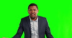 Business man, disappointed and upset face on green screen for loser, stupid or negative portrait. Professional black male person with frustrated hand gesture or emoji for bad review, fail or problem