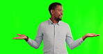 Decision, black man with hand gesture and against a green screen for marketing. Advertising or choice, promotion or mockup space and male person pose for options or select against a chroma key
